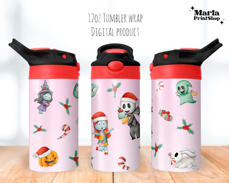 Puede incluir: Tres envoltorios para vasos de 12 oz con fondo rosa y varios personajes navide&ntilde;os, incluyendo un fantasma, una bruja, un mu&ntilde;eco de nieve y un bast&oacute;n de caramelo. El texto "12OZ TUMBLER WRAP DIGITAL PRODUCT" est&aacute; en la parte superior de la imagen.