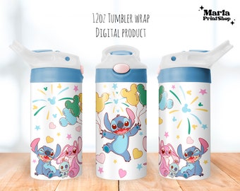 May include: A digital download for a 12oz tumbler wrap featuring a colorful design with Stitch and Angel from Lilo & Stitch. The design includes Mickey Mouse balloons, fireworks, hearts, and stars. The text "12oz Tumbler Wrap Digital Product" is at the top of the image.