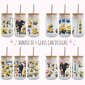Op de afbeelding: Bundel van 4 glazen blikontwerpen met personages uit de animatiefilm Despicable Me. De ontwerpen omvatten een groep Minions, Gru en zijn dochters, en een Minion die op een rubberen eendje rijdt.