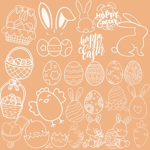 May include: A set of white outline Easter illustrations on a light brown background. The illustrations include bunnies, eggs, baskets, chicks, and the text "Hoppy Easter" and "Happy Easter".