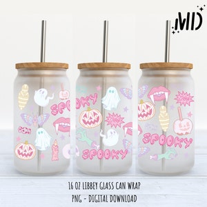 Pink Halloween Libbey 16oz, Halloween Ghost Glass Can 16oz, Neutral Pink Halloween Libbey 16oz