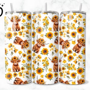 May include: Three stainless steel tumblers with a white background and a repeating pattern of brown Highland cows wearing sunflower crowns. The cows are surrounded by yellow sunflowers and green leaves.