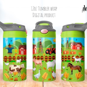 Farm Animals Sippy Cup tumbler Wrap 12 oz, Kid&#39;s Farm Animals 12oz Skinny Straight Tumbler, Digital Download, Kids Water Bottle