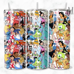 May include: Three clear tumblers with colorful Disney character designs. The designs include Mickey Mouse, Stitch, Ariel, and many more.