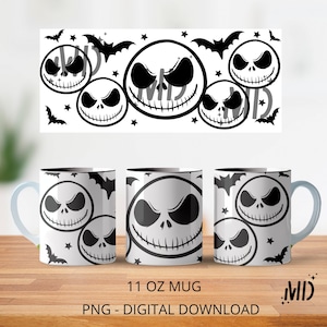 May include: A white 11 ounce mug with a black and white design of Jack Skellington's face from The Nightmare Before Christmas. The mug has a black rim and handle.