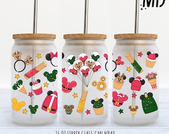 May include: Three 16 oz clear glass can wraps with a white background and a variety of Christmas themed Mickey Mouse and Minnie Mouse designs. The designs include Mickey Mouse ears, Santa hats, reindeer, Christmas trees, cupcakes, and Mickey Mouse shaped lollipops.  The text "16 oz LIBBEY GLASS CAN WRAP PNG - DIGITAL DOWNLOAD" is at the bottom of the image.