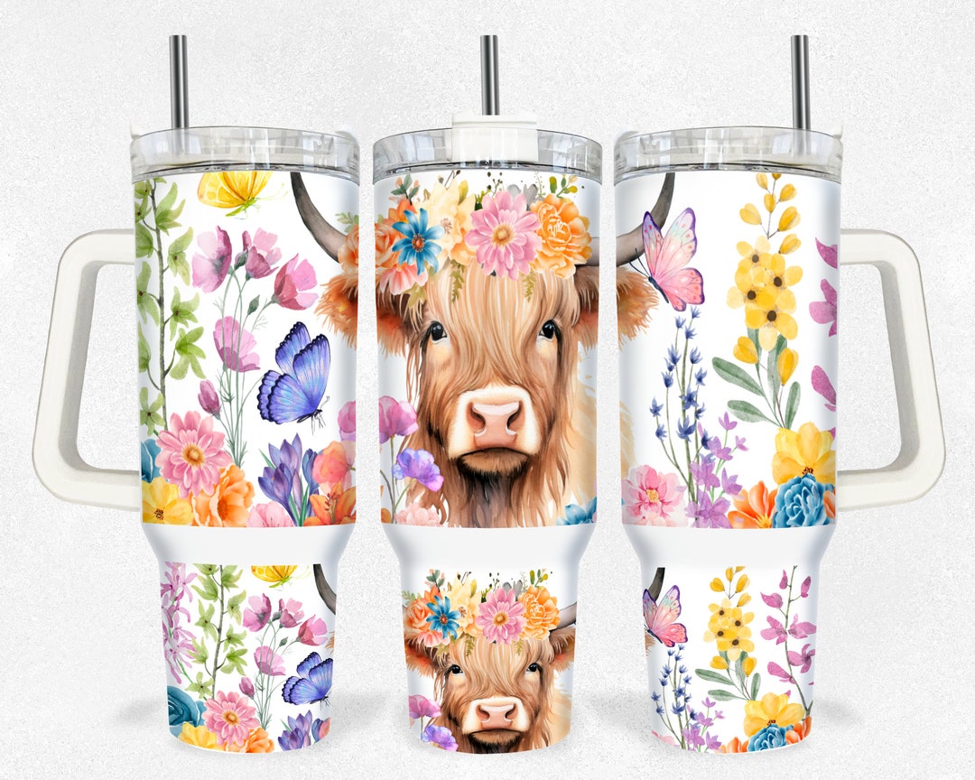Highland Cow 40 Oz Tumbler Sublimation Design, Spring Flower 2 Pieces ...