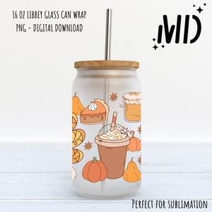 May include: A 16 oz frosted glass can wrap with a fall-themed design. The design features a pumpkin, a slice of pie, a cup of coffee, and a jar of honey. The wrap is perfect for sublimation.