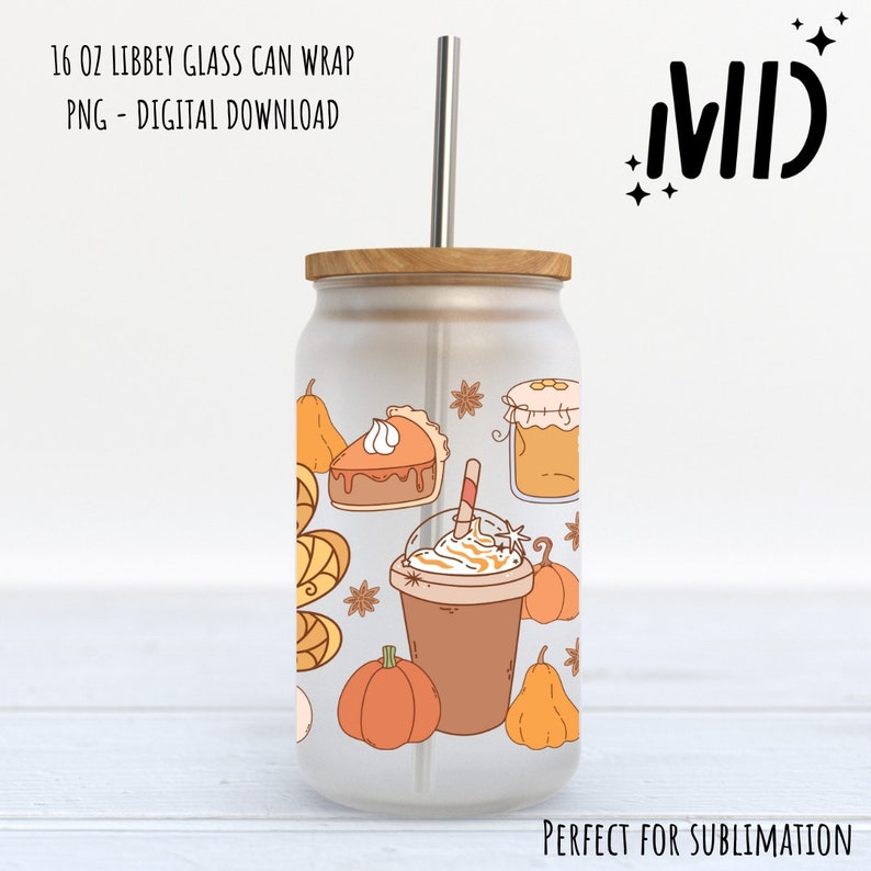 May include: A 16 oz frosted glass can wrap with a fall-themed design. The design features a pumpkin, a slice of pie, a cup of coffee, and a jar of honey. The wrap is perfect for sublimation.