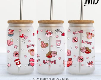 May include: Three 16 ounce clear glass can wraps with a pink and white design featuring hearts, donuts, and the word "love".