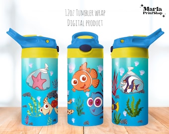 May include: Three 12oz blue and yellow tumblers with a straw lid. The tumblers feature a Finding Nemo theme with images of Dory, Nemo, and a starfish. The tumblers are on a wooden surface.