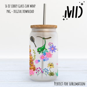 Pu&ograve; includere: Un design di sublimazione per un involucro di lattina di vetro da 473 ml con un camaleone verde con una padella, fiori e una torre di capelli. Il design &egrave; perfetto per personalizzare bicchieri e altri articoli da tavola.