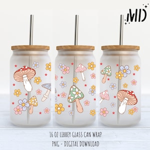 Retro Flower Mushrooms libbey 16oz design, Retro Cute Spring Flower Tumbler wrap 16oz PNG