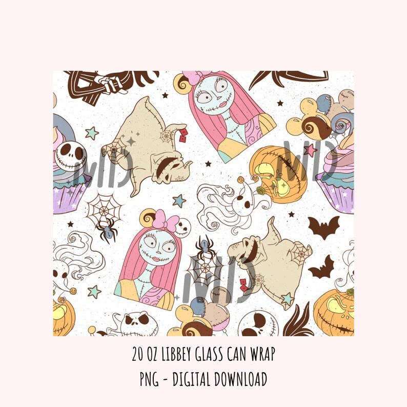 May include: A digital download of a 20 oz. Libby glass can wrap featuring a seamless pattern of characters from the Nightmare Before Christmas. The pattern includes Sally, Jack Skellington, Zero the Ghost Dog, and other Halloween-themed elements. The design is in a cartoon style with a white background.