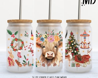 Christmas Highland Cow Flower Libbey Glass Can Png, Fall Flower Highland Cow Glass Cup, Christmas Cow 16oz Libbey Glass Can Sublimation