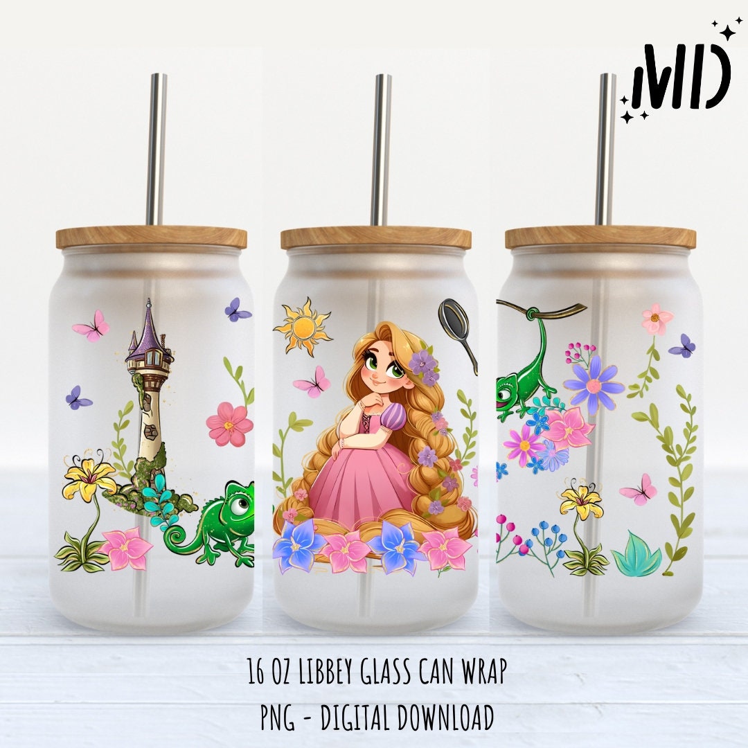 Princess Glass Containers Princess Libbey 16oz, Magical Glass Can Design, Princess Tumbler Wrap ...