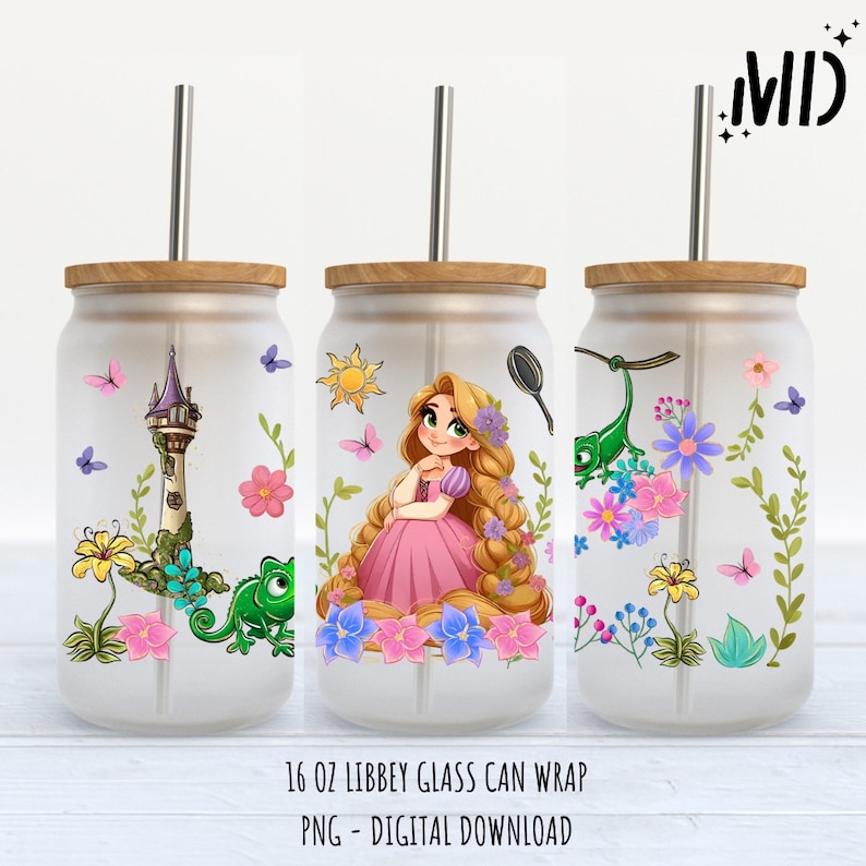 Pu&ograve; includere: Tre involucri per lattine di vetro da 473 ml con un design floreale che presenta una principessa con lunghi capelli biondi, un camaleonte verde e una torre. Gli involucri sono progettati per essere utilizzati con una lattina di vetro Libbey da 473 ml.