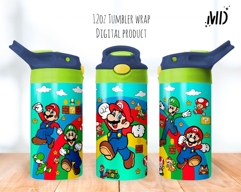 May include: A digital download for a 12oz tumbler wrap featuring a colorful Super Mario Bros. design. The wrap features Mario, Luigi, Yoshi, and other characters from the game.