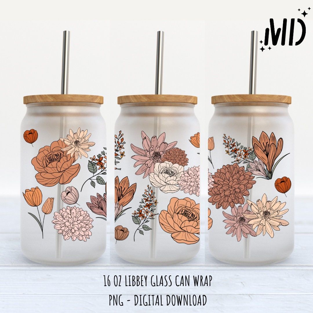 Boho Flower Libbey 16oz, Neutral Flower Glass Can Tumbler Wrap Design ...