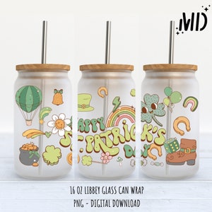St Patricks Day Libbey 16oz, Rainbow St Patricks Day Glass Can png, Retro Flower Tumbler WrapDigital Design