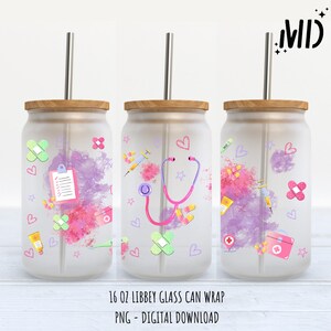 May include: Three 16 ounce glass can wraps with a medical theme. The wraps feature a pink and purple watercolour background with various medical symbols, including a stethoscope, bandages, pills, and a first aid kit.