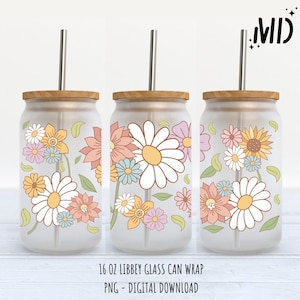 Retro Spring Tumbler Wrap 16 oz, Boho Van Flower Can Glass Design