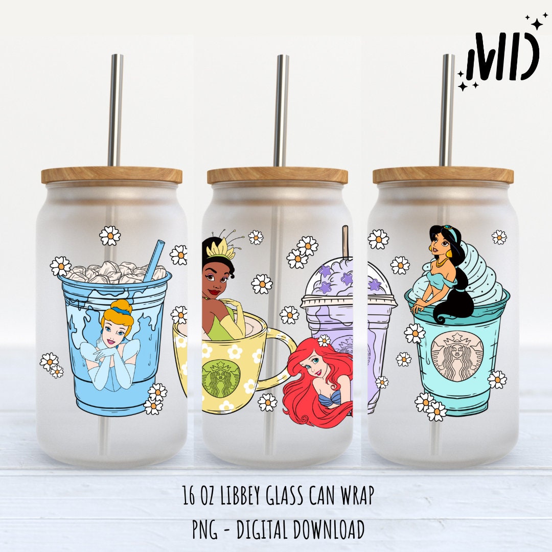 Princess Glass Containers Princess Libbey 16oz, Magical Glass Can Design, Princess Tumbler Wrap ...