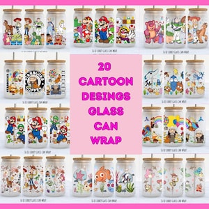 May include: A collection of 16 oz Libbey glass can wraps featuring various cartoon designs. The wraps showcase characters from popular animated movies and shows, including Mario, Toy Story, and Finding Nemo. Each glass has a bamboo lid and a straw.