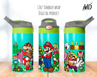 May include: A 12oz tumbler wrap featuring a colorful design with characters from the Super Mario video game series. The wrap features Mario, Luigi, Bowser, Toad, and other characters. The wrap is designed to fit a 12oz tumbler.