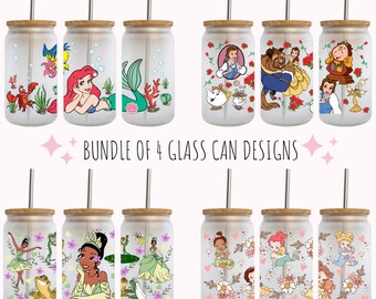 Diseño PNG para vaso Princess Tumbler Wrap, lata de vidrio Libbey de 16 oz, paquete de 4 (descarga digital)