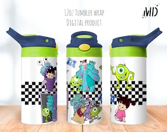 May include: A digital download for a 12oz tumbler wrap featuring characters from the movie Monsters Inc. The design includes Sully, Mike, Boo, and other characters from the film. The background is a black and white checkered pattern.