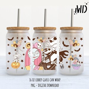 May include: A digital download for a 16 oz. glass can wrap featuring a cartoon image of Jack Skellington and Sally from the Nightmare Before Christmas. The design includes stars, bats, and balloons. The text "16 oz LIBBEY GLASS CAN WRAP PNG - DIGITAL DOWNLOAD" is at the bottom of the image.