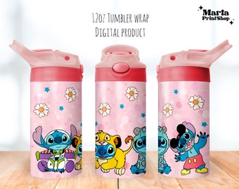 May include: Three pink 12oz tumblers with a straw lid and a pink background with white daisies and stars. Each tumbler features a different Stitch character from Disney's Lilo & Stitch.
