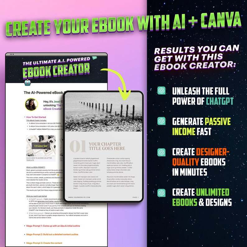 May include: A pink and purple background with a green and white graphic of a computer screen showing a digital ebook creator. The text "Create Your Ebook With AI + Canva" is at the top of the image. The text "The Ultimate A.I. Powered Ebook Creator" is in a blue box at the top of the screen. The text "Results You Can Get With This Ebook Creator" is in a white box on the right side of the image. The text "Unleash The Full Power Of ChatGPT", "Generate Passive Income Fast", "Create Designer-Quality Ebooks In Minutes", and "Create Unlimited Ebooks & Designs" are in green boxes on the right side of the image.