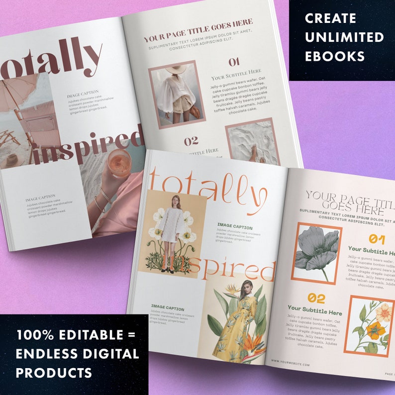 May include: A mockup of a magazine spread with the words "totally inspired" in a pink and white font. The magazine features images of women wearing different outfits and floral designs. The text "Create Unlimited Ebooks" is in the top right corner of the image.