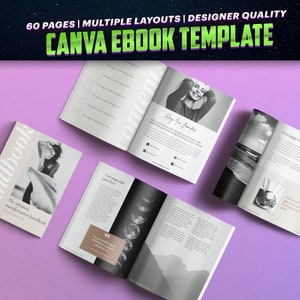 May include: A Canva ebook template with 60 pages and multiple layouts. The cover features a black and white photo of a woman with the text "The ultimate manifestation handbook" on the front. The inside pages feature a variety of layouts with text, images, and graphics.
