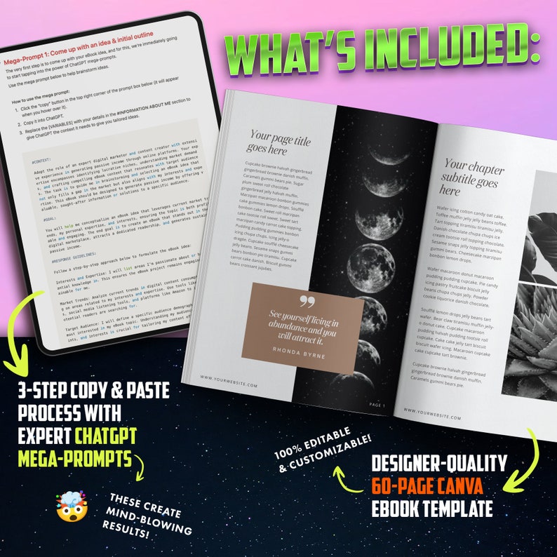 May include: A digital book template with a black and white moon pattern on the cover. The text "What's Included" is in large, bold, red letters. The text "100% Editable & Customizable!" is in orange letters. The text "Designer-Quality 60-Page Canva Ebook Template" is in orange letters. The text "See yourself living in abundance and you will attract it." is in a white box with a black border. The text "Rhonda Byrne" is below the quote.