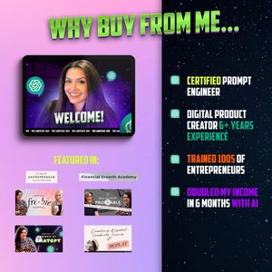 May include: A woman smiles and welcomes viewers to her online course. The course features topics like financial growth, creating profitable digital products, and using AI tools like ChatGPT and Replit. The woman is a certified prompt engineer and digital product creator with over 6 years of experience. She has trained hundreds of entrepreneurs and doubled her income in 6 months using AI.