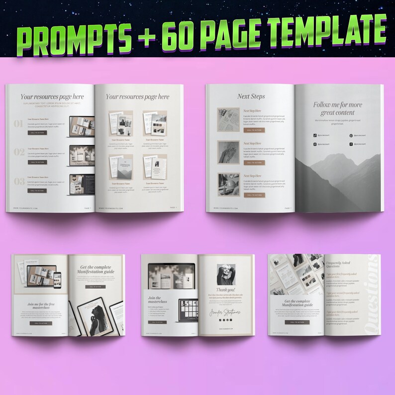 May include: A 60-page template for creating prompts and guides. The template features a minimalist design with a black and white color scheme. The pages include sections for resources, next steps, frequently asked questions, and a thank you page. The text "PROMPTS + 60 PAGE TEMPLATE" is displayed in green letters on a black background.