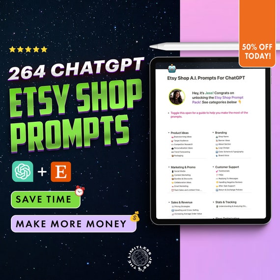 ChatGPT Prompts for Etsy Shop, Etsy Shop AI Prompts, ChatGPT Etsy Seller Prompts, ChatGPT Prompts For Etsy Store, Etsy Store AI Prompts
