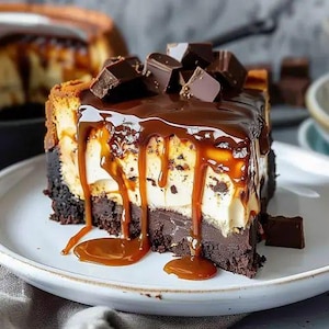 May include: A slice of chocolate cheesecake with a caramel drizzle and chocolate pieces on top. The cheesecake is on a white plate.