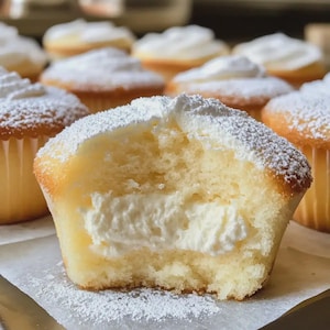 May include: A close-up of a cupcake with a bite taken out, revealing a creamy filling. The cupcake is dusted with powdered sugar and has a white frosting swirl on top. Other cupcakes are visible in the background.