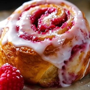 Puede incluir: Primer plano de un pastel relleno de frambuesa con glaseado blanco. El pastel está sobre un trozo de papel pergamino y hay una frambuesa fresca al lado.