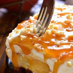 Op de afbeelding: Een vork prikt in een gelaagd dessert met karamelsaus, slagroom en een knapperige topping.