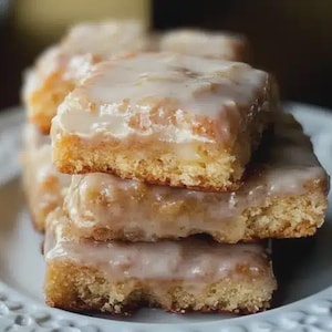 May include: A stack of frosted, golden-brown dessert bars on a white, patterned plate. The bars have a soft, cake-like base and are topped with a thick, glossy glaze. The image is a close-up, highlighting the texture and details of the baked goods.