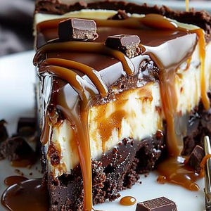 May include: A slice of chocolate cheesecake with a layer of caramel and chocolate sauce drizzled on top. The cheesecake is on a white plate with chocolate pieces scattered around it.