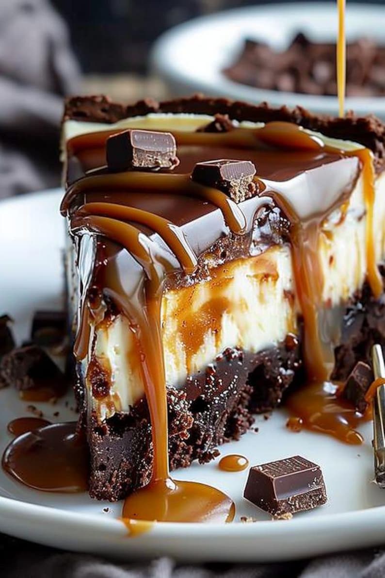 May include: A slice of chocolate cheesecake with a layer of caramel and chocolate sauce drizzled on top. The cheesecake is on a white plate with chocolate pieces scattered around it.