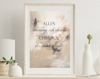 Christian wall art, Philippians 4:13, abstract Christian wall decor, beige Christian poster, digital download