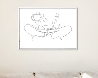 Lecture de la Bible, Line Art, Abstract Book Art, Woman Reading Bible and Drinking Coffee, Faith Gift, téléchargement numérique