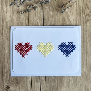 Scheda cuori ricamati, scheda punto croce, scheda ricamata, scheda amore, scheda cuori punto croce, ricamo su carta